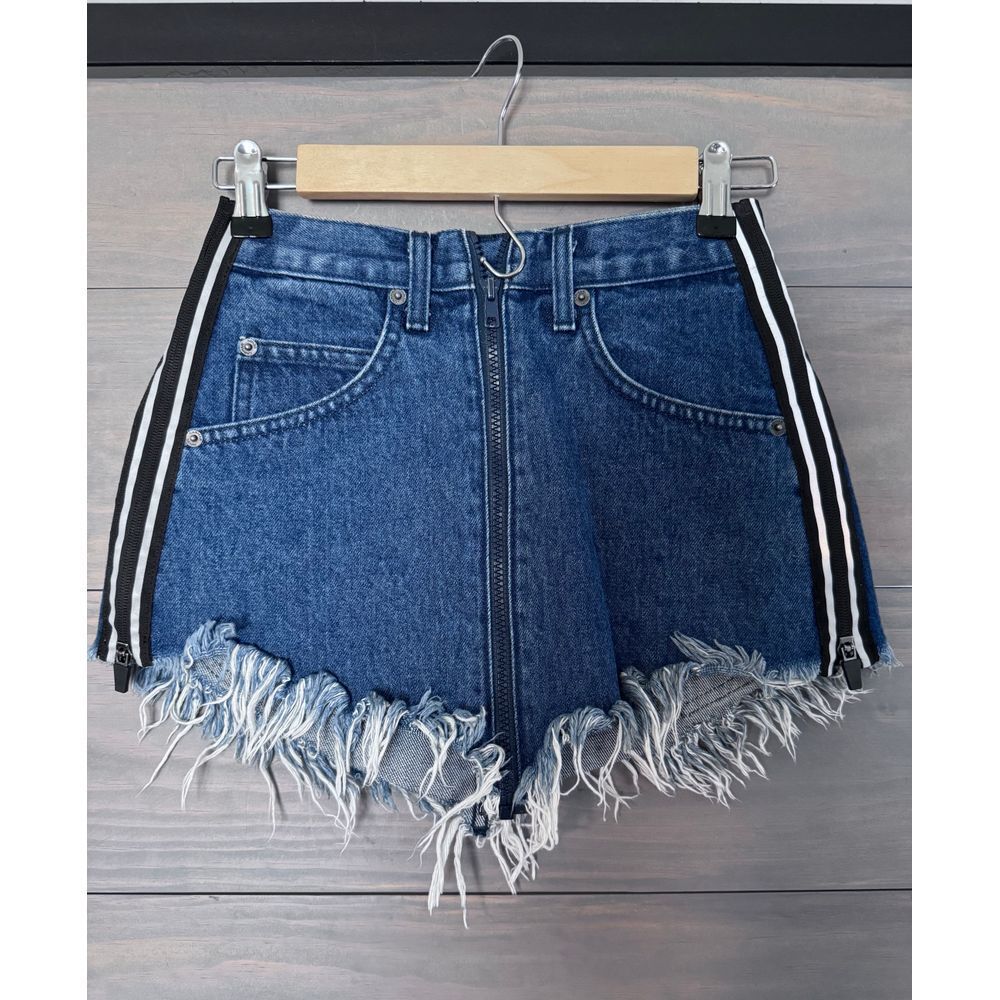 Carmar Beatrice Zip Front‎ Denim Jean Micro Skirt Reflective Stripes Raw Hem 24